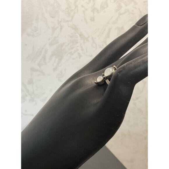 Silver Tone Ring With Faux Double White Opal-Like Stone Setting - Picture 4 of 5